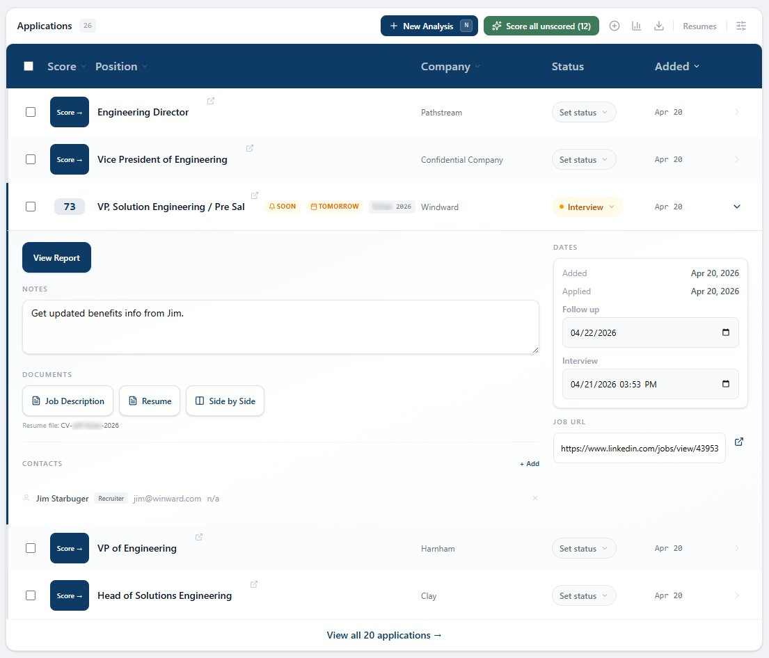 Dashboard view with saved (unanalyzed) jobs, JD visible inline