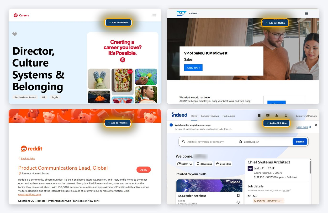 Collage: button visible on LinkedIn + Indeed + SAP + Greenhouse